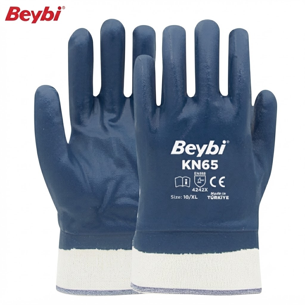 Blue Beybi KN65 disposable work gloves, size 10/XL, with white knit cuffs visible at bottom.