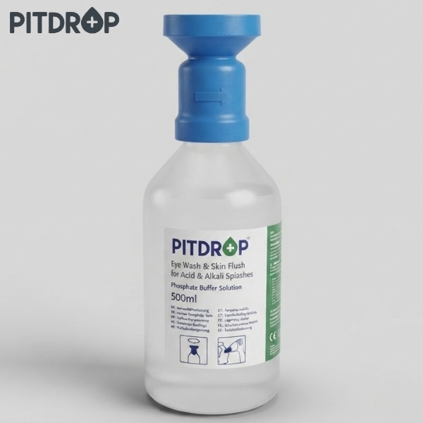 PITDROP eye wash bottle with blue push-top cap, 500 ml, for eye and skin flush from chemical splashes