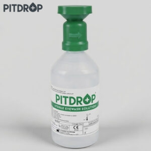 Pitdrop sterile eyewash solution bottle with green push-cap, labeled for eye irrigation.