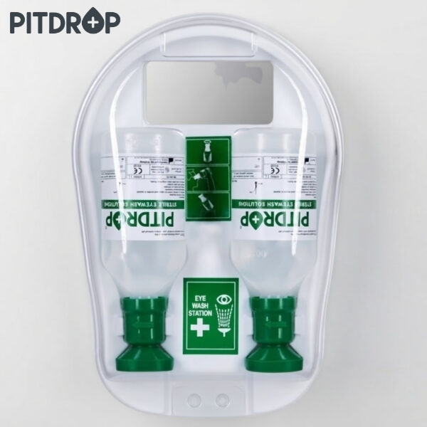 Portable eye wash station with two green bottle reservoirs and a central green activator, labeled EYE WASH STATION and Pitdrop branding visible on the case.