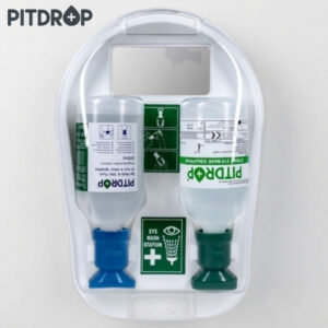 Portable eye wash station with two labeled bottles in a white case, blue and green nozzles, and an eye wash sign.