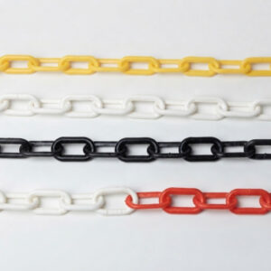 Rows of plastic chain links in yellow, white, black, and red on a white background.] - corrected