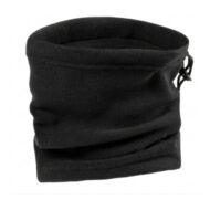 Black fleece neck warmer folded into a tube for cold weather wear