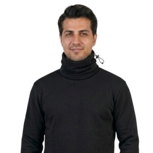 Portrait of a man in a black turtleneck with a drawstring, standing against a white background, looking at the camera.
