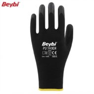 Beybi black protective glove with a yellow wrist trim, size 10/XL, labeled PU TOUGH and Made in Türkiye/Turkey on a white background