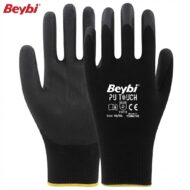 Pair of black Beybi PU Touch gloves with yellow-capped cuffs, showing brand text and size on the palm