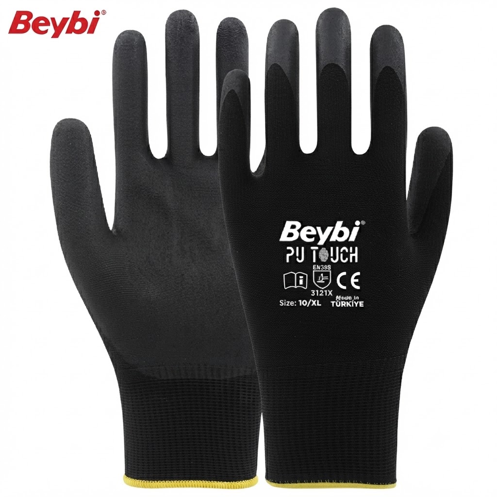 Pair of black Beybi PU Touch gloves with yellow-capped cuffs, showing brand text and size on the palm