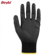 Black textured safety glove with a yellow cuff edge; Beybi logo visible.