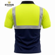 Back view of neon yellow high-visibility polo with reflective silver stripes and navy lower body; Staris Workwear branding visible.