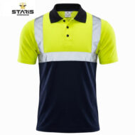 Hi-vis polo shirt with neon yellow upper, silver reflective stripe across chest, navy lower section, black collar and button placket.