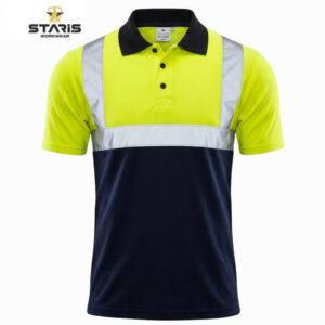 Hi-vis polo shirt with neon yellow upper, silver reflective stripe across chest, navy lower section, black collar and button placket.