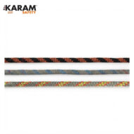 Three braided safety ropes with different color patterns (orange-black, blue-gray, and yellow-gray) displayed horizontally beneath a KARAM SAFETY logo.