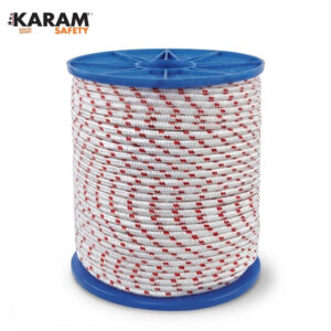 Spool of white braided rope with red stripes wound around blue plastic reels.