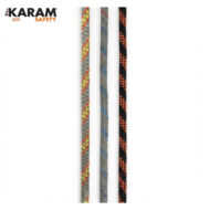 Three climbing ropes with colorful patterns (yellow-red, blue-gray, orange-black) shown vertically; KARAM Safety logo top left.