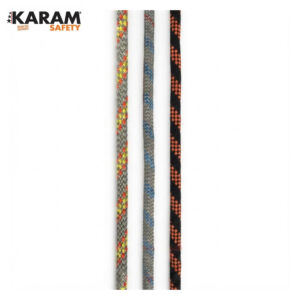 Three climbing ropes with colorful patterns (yellow-red, blue-gray, orange-black) shown vertically; KARAM Safety logo top left.