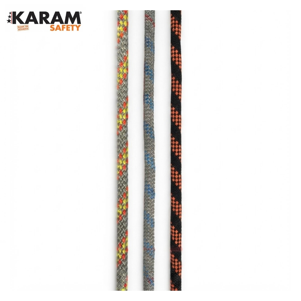 POLYESTER STATİK HALAT (2) Three climbing ropes with colorful patterns (yellow-red, blue-gray, orange-black) shown vertically; KARAM Safety logo top left.