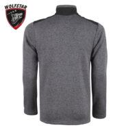 Rear view of a gray heather fleece pullover with black shoulder patches and a stand collar; Wolfstar logo in the top-left corner.