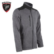 Grey fleece jacket with black shoulder panels, full front zipper and zip pockets; Wolfstar logo in top-left corner.