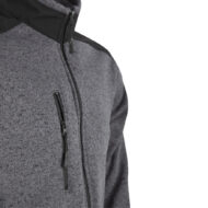 Gray heather zip-up jacket with a vertical chest pocket and high collar, shown on the left side of the frame.