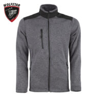 Gray heather fleece jacket with black shoulder panels, stand-up collar, and full front zipper; two zip pockets visible on the front.