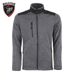 Gray heather fleece jacket with black shoulder panels, stand-up collar, and full front zipper; two zip pockets visible on the front.
