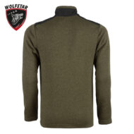 Back view of an olive heather pullover with black shoulder panels and collar detail; Wolfstar logo visible in the top-left corner.