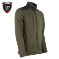 Olive-green fleece jacket with a high black collar and black shoulder panels, front zip and two zip pockets (Wolfstar logo in corner).