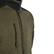 Olive green fleece jacket with black zippers and high collar. Front zipper and chest pocket visible.
