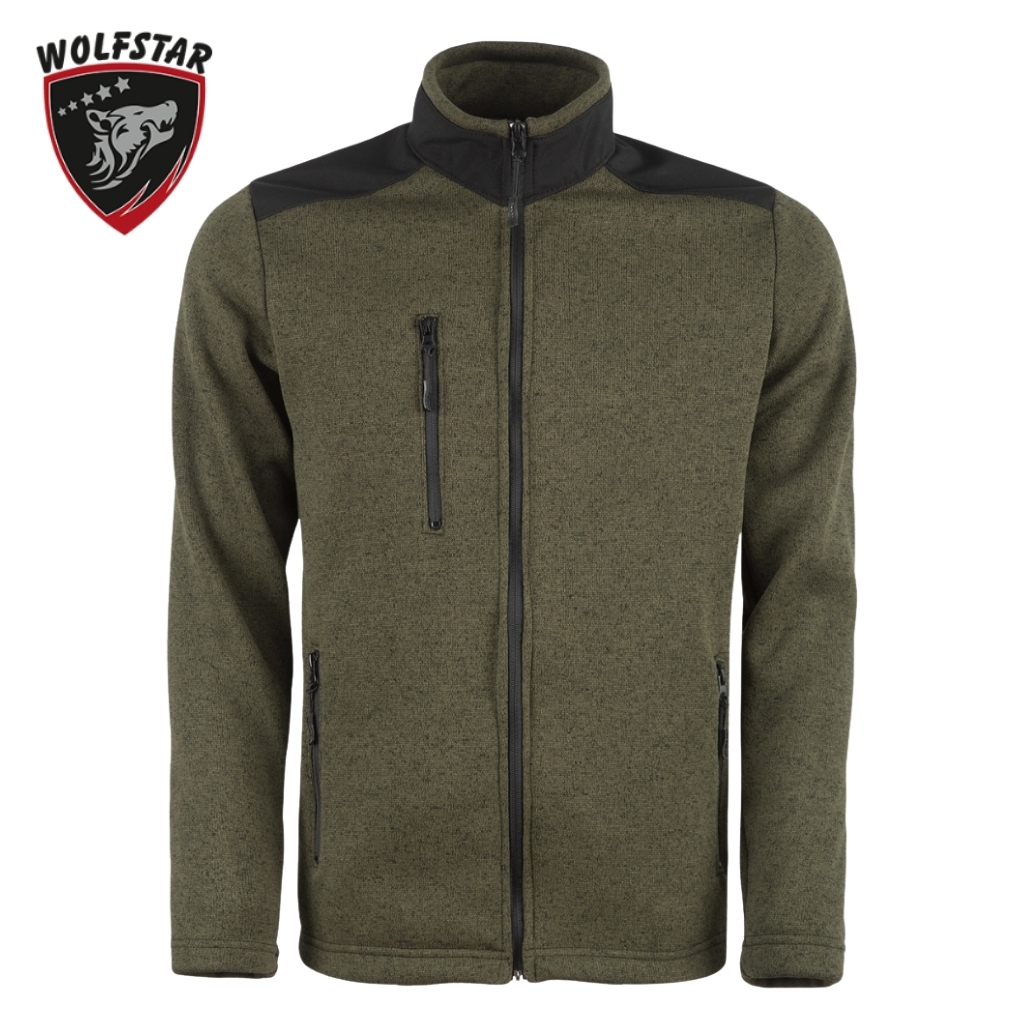 Olive green fleece jacket with black shoulder panels, full-zip front and two zippered pockets; Wolfstar logo visible in corner.