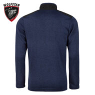 Back view of a navy blue long-sleeve fleece jacket with black shoulder panels, Wolfstar logo in the top-left corner