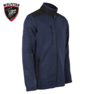 Blue fleece jacket with black shoulder panels and front vertical zipper pockets, on white background; brand Wolfstar logo in top-left corner.