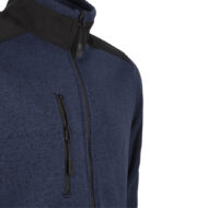 Blue textured fleece jacket with a black stand collar and front zipper, featuring a vertical zippered chest pocket on the left.