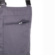 Close-up of a gray fabric bag showing a front zippered pocket and black strap attachments at the top frame.