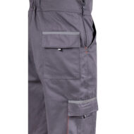 Close-up of grey cargo pants showing a zippered side pocket and a large flap pocket on the thigh area.