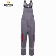 Grey Staris workwear overalls with adjustable straps, chest pocket, red-zippered cargo pockets, and reflective bands on the lower legs.