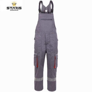 Grey Staris workwear overalls with adjustable straps, chest pocket, red-zippered cargo pockets, and reflective bands on the lower legs.
