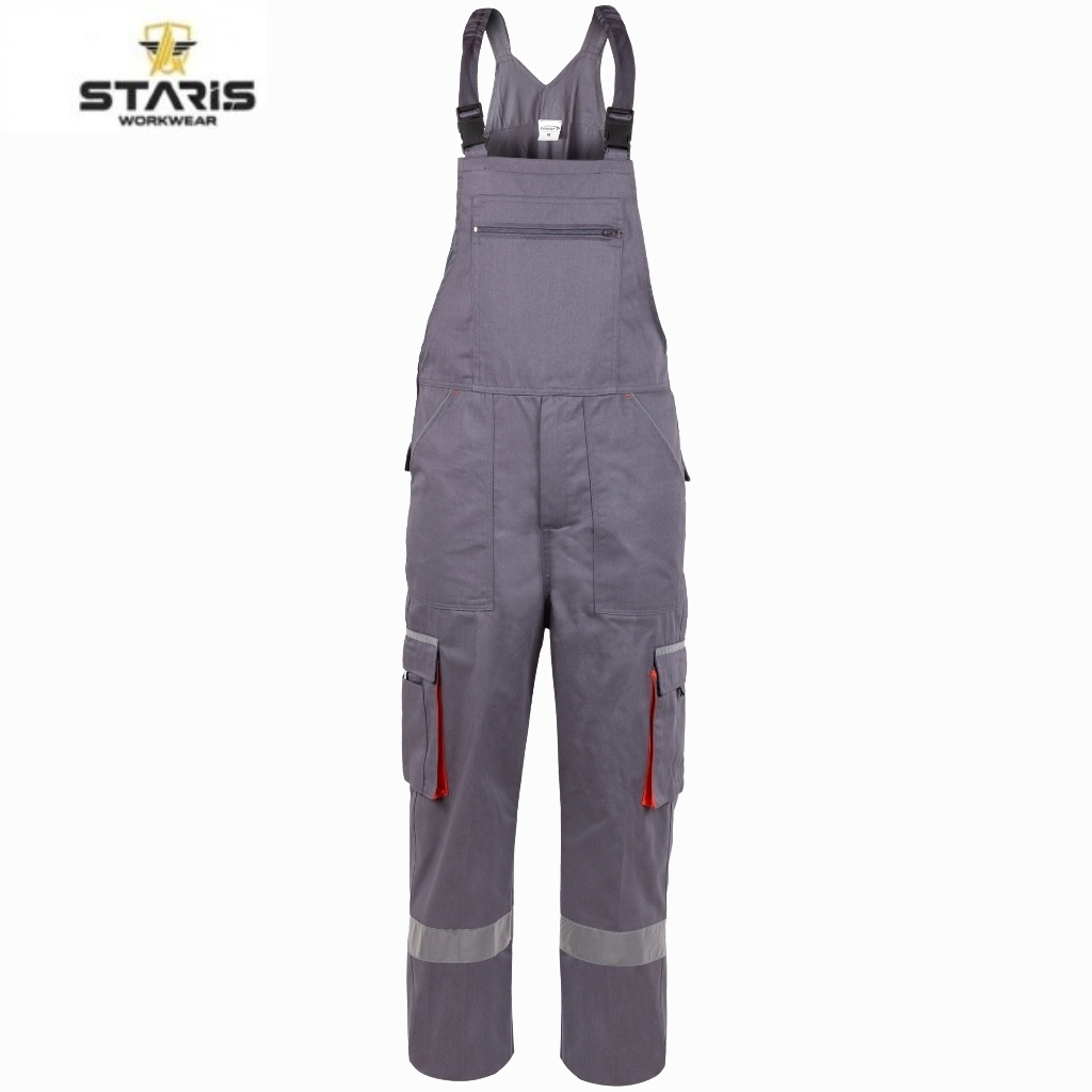 Grey Staris workwear overalls with adjustable straps, chest pocket, red-zippered cargo pockets, and reflective bands on the lower legs.