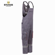 Grey work overalls with shoulder straps, multiple pockets, and reflective bands at the ankles; brand logo visible (Staris).