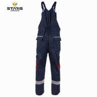 Navy blue work coverall with adjustable shoulder straps, elastic waist, multiple pockets, and reflective knee bands.