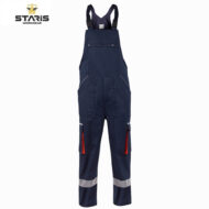 Navy blue work overalls with adjustable shoulder straps, zip chest pocket, side pockets, red zip pulls, and reflective knee bands.
