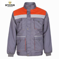 Grey workwear jacket with orange shoulder yoke and light reflective stripe across chest, multiple pockets, and ribbed cuffs and hem.