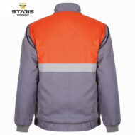 Rear view of a grey and orange high-visibility work jacket with a reflective strip across the back; STARS Workwear logo in the top left.