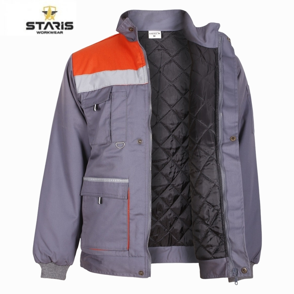 Purple workwear jacket with an orange chest panel and multiple front pockets; quilted black lining visible inside.