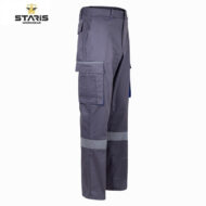 Grey cargo work pants with multiple pockets and a reflective thigh stripe, from Staris Workwear