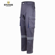 Grey cargo work pants with multiple pockets and reflective lower-leg band, shown in side view.