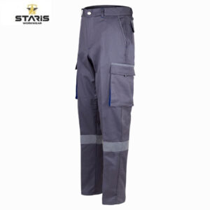 Grey cargo work pants with multiple pockets and reflective lower-leg band, shown in side view.