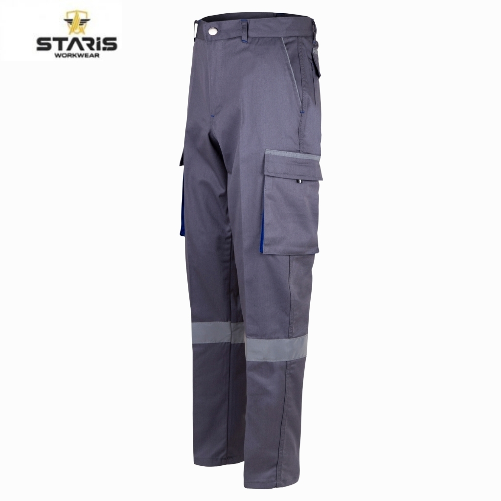 Grey cargo work pants with multiple pockets and reflective lower-leg band, shown in side view.