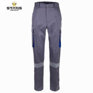 Grey cargo work pants with blue inner panels and reflective bands at the lower legs (Staris Workwear).