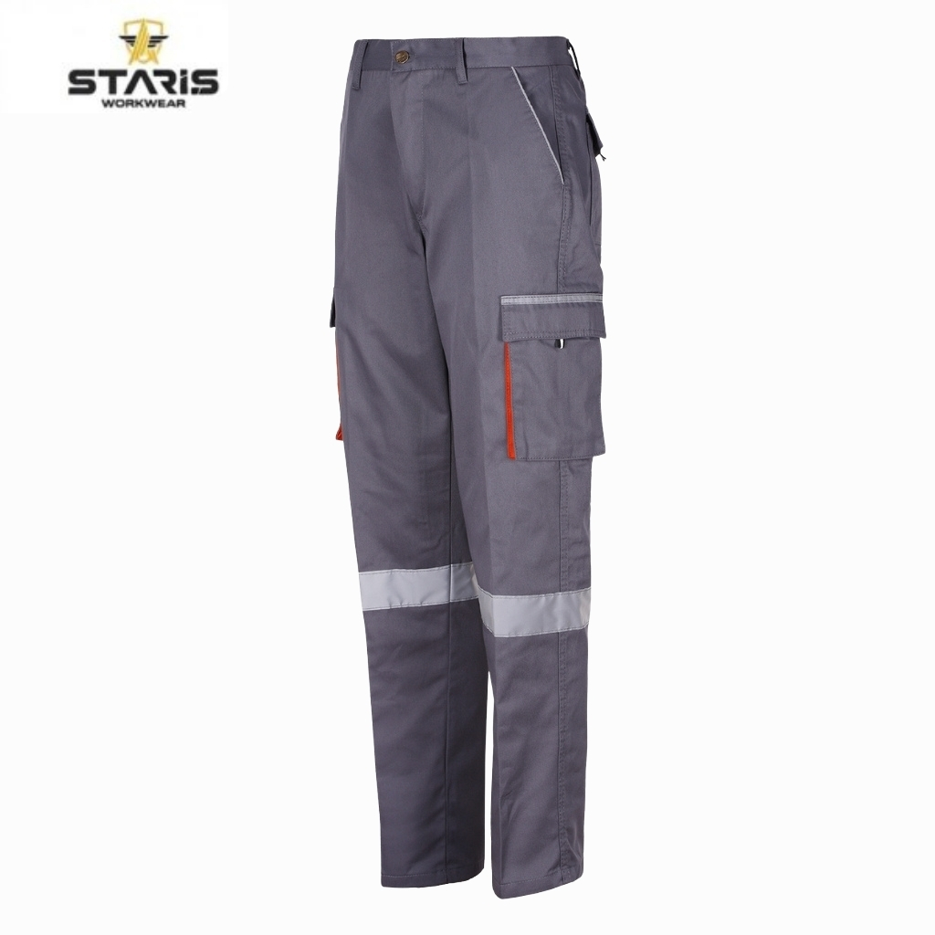 Grey cargo work pants with reflective bands and multiple pockets, Staris Workwear