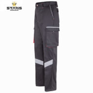 Dark gray cargo work pants with a large side pocket, reflective chevron on the leg, red stitching, and Staris Workwear logo.